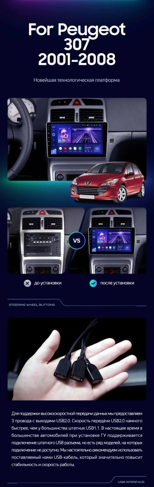 Штатная магнитола Teyes CC3 2K 6/128 Peugeot 307 1 (2001-2008)